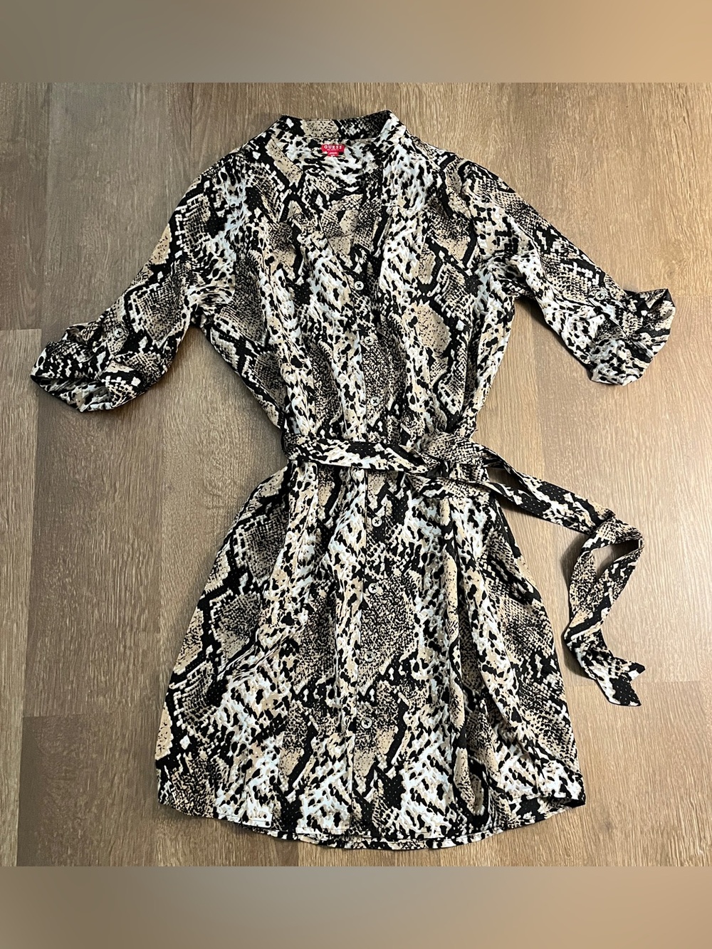 GUESS Snakeskin Print Shirt Dress — Belted, 3/4 Sleeve
